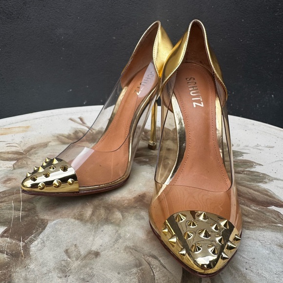 SCHUTZ Shoes - SCHUTZ Gold and Tan Studded Heels